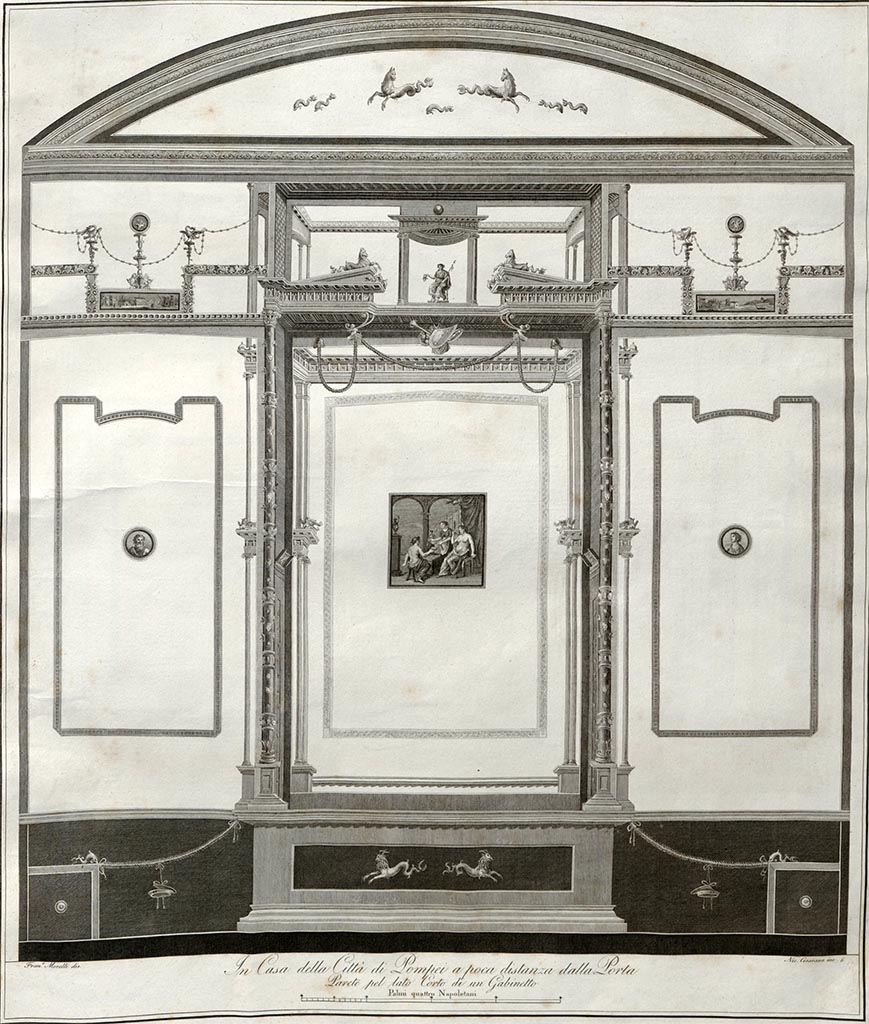 VI.1.10 Pompeii. Pre-1808 drawing by Francesco Morelli of room 9, south wall of room to south of garden. 
See Gli ornati delle pareti ed i pavimenti delle stanze dell'antica Pompei incisi in rame: 1838.