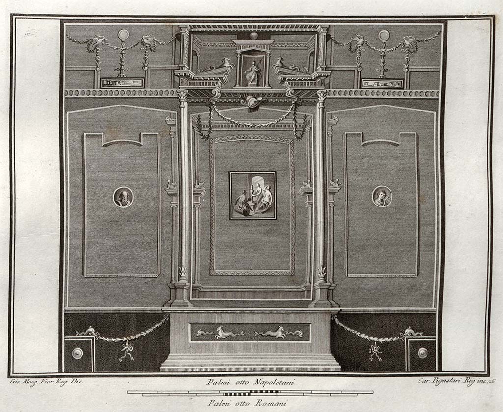VI.1.10 Pompeii. Pre-1796 drawing of room 9, south wall of room to south of garden. 
See Gli ornati delle pareti ed i pavimenti delle stanze dell'antica Pompei incisi in rame: 1796, Tav. 36.