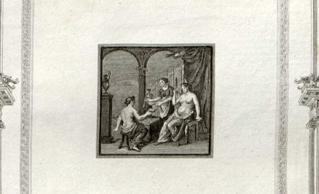VI.1.10 Pompeii. Pre-1808 drawing of central panel from south wall of room 9. 
Copy of painting of a man sitting with a writing tablet in his hand, opposite him are 2 girls, one sitting, the other standing; the latter holds a roll of papyrus.
See Gli ornati delle pareti ed i pavimenti delle stanze dell'antica Pompei incisi in rame: 1808, and 1838, Tav. 6.