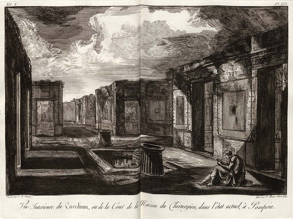VI.1.10 Pompeii. Pre-1778 drawing by J. B. Piranesi, engraved by F. Piranesi, published 1804. Looking east across atrium towards tablinum and rear rooms. 
See Piranesi, F, 1804. Antiquités de la Grande Grèce : Tome I. Paris : Piranesi and Le Blanc. Vol. I, pl. XVI.