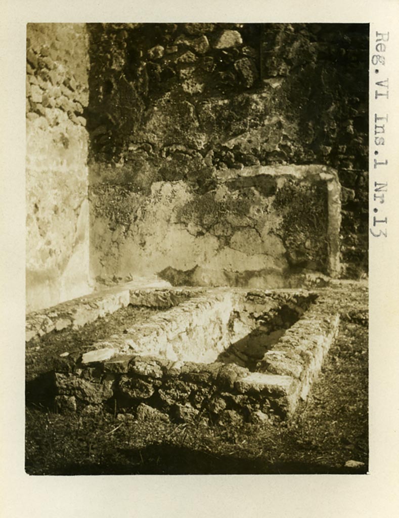 VI.1.15 Pompeii but numbered as VI.1.13 on photo. Pre-1937-39. Looking towards basins or vats near the east wall.
Photo courtesy of American Academy in Rome, Photographic Archive. Warsher collection no. 1255.