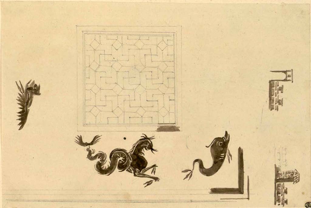 VI.1.25/7 Pompeii.  Sketch of mosaic floor decoration. A mosaic showing a dolphin was also seen in the threshold of room 10.
See Debret F. (1777-1850), Piranesi F. (1758-1810), LaBrouste H. (1801-1875). Voyage en Italie-De Naples à Paestum, pl. 111.
INHA Identifiant numérique : NUM PC 77832 (07). See book on INHA Les documents sont placés sous « Licence Ouverte / Open Licence » Etalab