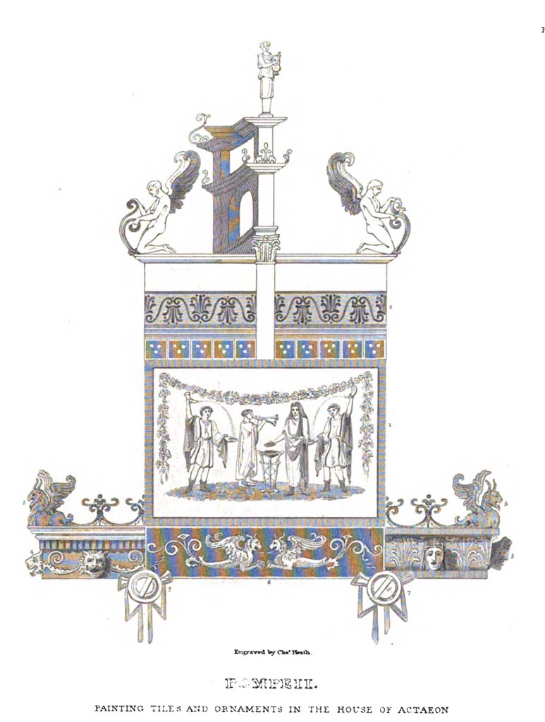 VI.2.4 Pompeii. 1852. Drawing by Gell of "Painting Tiles and Ornaments in the House of Actaeon"
See Gell, W. and Gandy, J., 1852. Pompeiana: Third Edition. London: Bohn, p. 126, pl. 31.