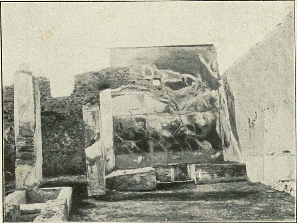 VI.2.4 Pompeii. 1906. Summer triclinium with painted north wall. 
See Thedenat, H., 1906. Pompei Histoire Vie Privee. Paris : Renouard, p. 80-1, Fig. 48.