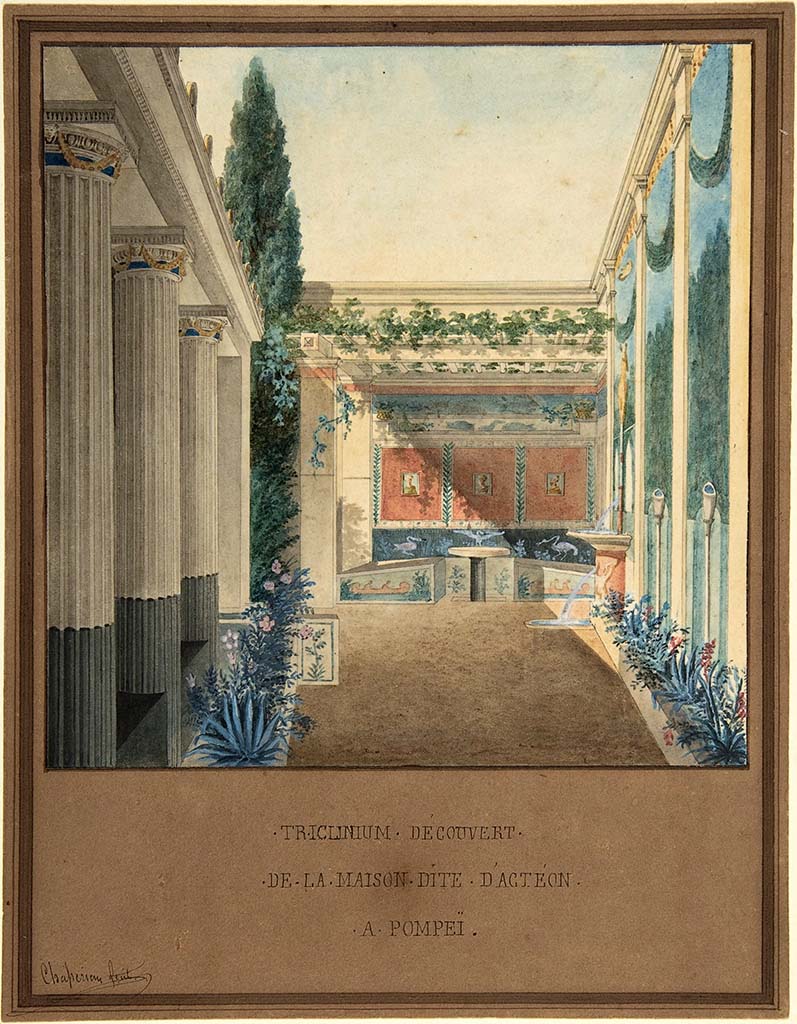 VI.2.4 Pompeii. c.1824. Triclinium, Excavated in the House of Actaeon, Pompeii painting by Charles Frédéric Chassériau (1802–1896). 
Now in the Metropolitan Museum, New York. Bequest of Harry G. Sperling, 1971. Accession Number: 1975.131.95.
