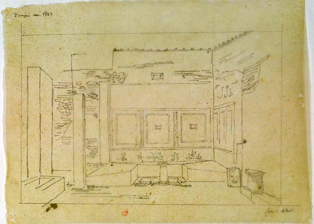 VI.2.4 Pompeii. c.1817. Sketch by Chenavard, looking north towards summer triclinium.
See Chenavard, Antoine-Marie (1787-1883) et al. Voyage d'Italie, croquis Tome 3, pl. 142.
INHA Identifiant numérique : NUM MS 703 (3). See Book on INHA 
Document placé sous « Licence Ouverte / Open Licence » Etalab
