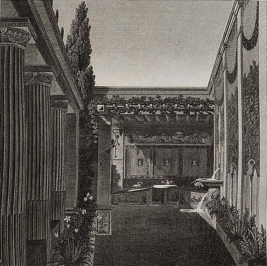 VI.2.4 Pompeii. 1824, Drawing of portico and summer triclinium.
See Mazois, F., 1824. Les Ruines de Pompei: Second Partie. Paris: Firmin Didot, (pl. 38,1).