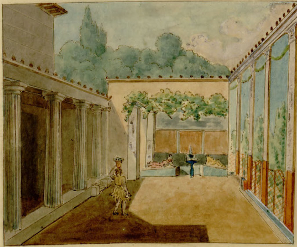 VI.2.4 Pompeii. c.1817. Watercolour of reconstruction of garden area, looking towards summer triclinium.
See Chenavard, Antoine-Marie (1787-1883) et al. Voyage d'Italie, croquis Tome 3, pl. 121.
INHA Identifiant numérique : NUM MS 703 (3). See Book on INHA 
Document placé sous « Licence Ouverte / Open Licence » Etalab