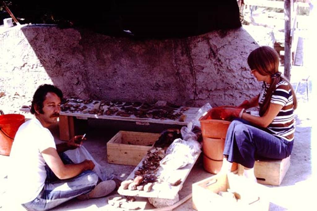 VI.2.4 Pompeii. 1970. Sorting and cleaning at the finds-table. Photo by Stanley A. Jashemski.
Source: The Wilhelmina and Stanley A. Jashemski archive in the University of Maryland Library, Special Collections (See collection page) and made available under the Creative Commons Attribution-Non Commercial License v.4. See Licence and use details.
J70f0601