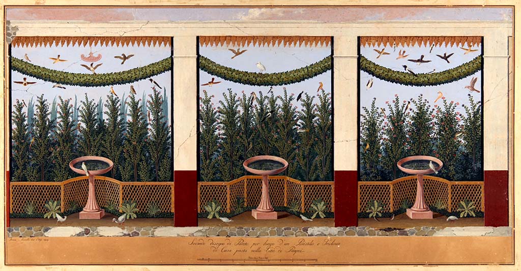 VI.2.4 Pompeii. 1809 painting by F. Morelli of three central sections of the east garden wall. 
Now in Naples Archaeological Museum. Inventory number ADS 128.
Photo © ICCD. http://www.catalogo.beniculturali.it
Utilizzabili alle condizioni della licenza Attribuzione - Non commerciale - Condividi allo stesso modo 2.5 Italia (CC BY-NC-SA 2.5 IT)