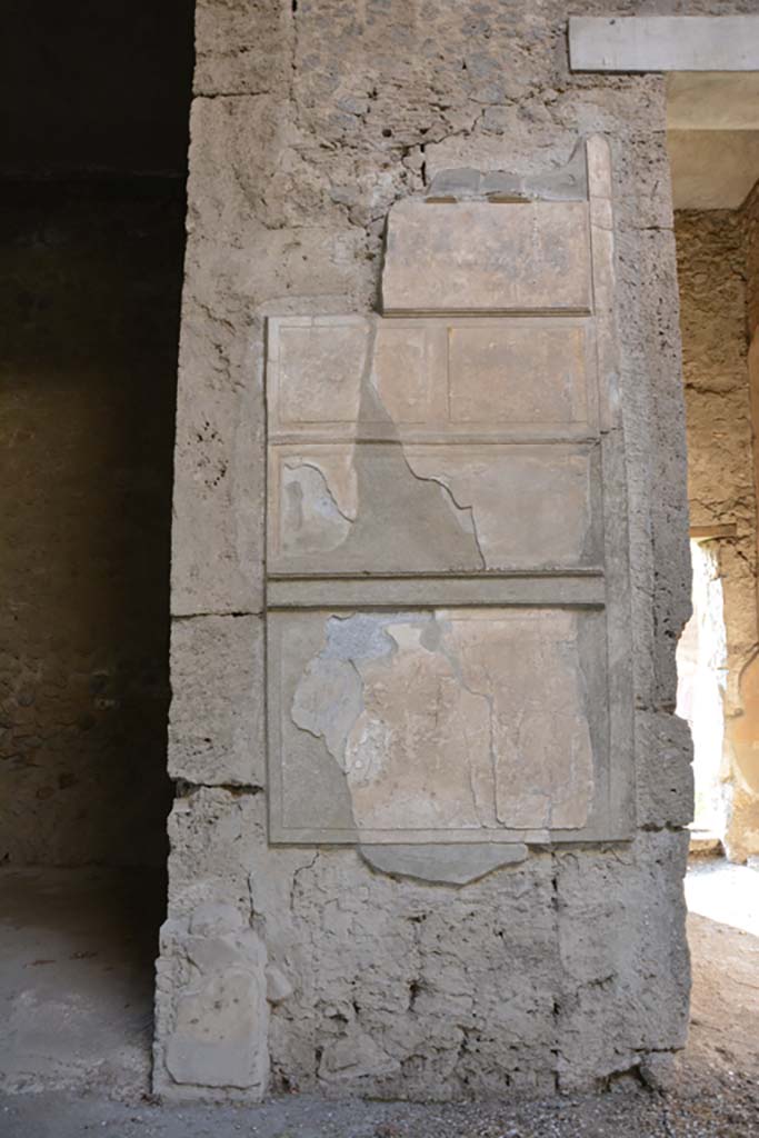VI.2.4 Pompeii. March 2019.
Detail of painted wall decoration on pilaster between doorways to the south ala and room leading to garden apartments. 
Foto Annette Haug, ERC Grant 681269 DÉCOR.
