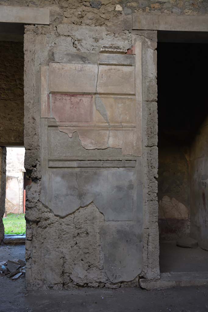 VI.2.4 Pompeii, December 2017. 
Painted wall decoration on pilaster on south side of atrium, between doorway leading to garden apartments, on left, and a cubiculum, on right.
Foto Annette Haug, ERC Grant 681269 DÉCOR.