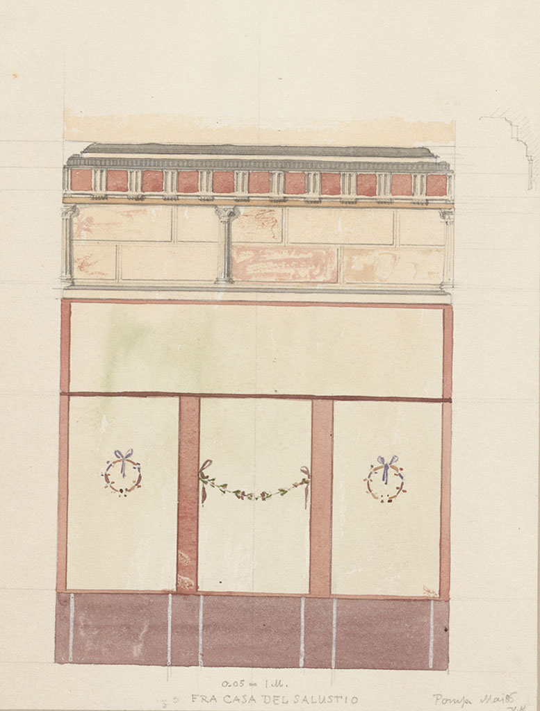 VI.2.4 Pompeii. May 1885. Painting by Otto Valdemar Koch (1852-1902) of east wall of cubiculum on south side of atrium. 
Photo © Danmarks Kunstbibliotek, inventory number ark_17621a.