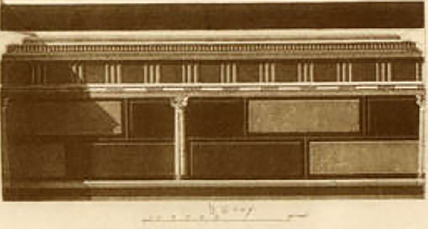 VI.2.4 Pompeii. 1882. Drawing of decoration on wall in second room on right of atrium.
See Mau, A. 1882. Geschichte der Decorativen Wandmalerei in Pompeji. Berlin: Reimer. (Taf 1b).