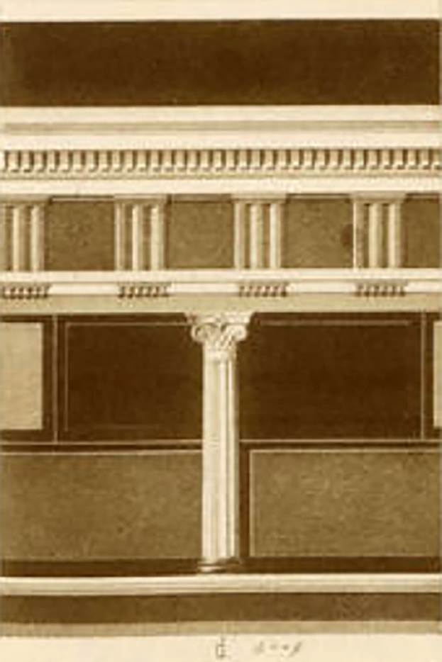 VI.2.4 Pompeii. 1882. Drawing of decoration on wall in second room on right of atrium.
See Mau, A. 1882. Geschichte der Decorativen Wandmalerei in Pompeji. Berlin: Reimer. (Taf 1d).