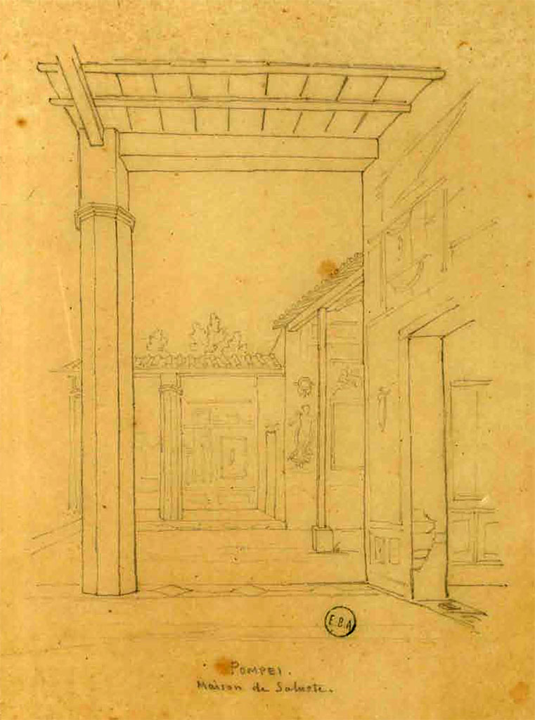 VI.2.4 Pompeii. Sketch by Jean-Baptiste Ciceron Lesueur.
Looking east from portico outside of cubiculum in south-west corner of garden area, towards doorway of room in south-east corner.
See Lesueur, Jean-Baptiste Ciceron. Voyage en Italie de Jean-Baptiste Ciceron Lesueur (1794-1883), pl. 17.
See Book on INHA reference INHA NUM PC 15469 (04)  « Licence Ouverte / Open Licence » Etalab