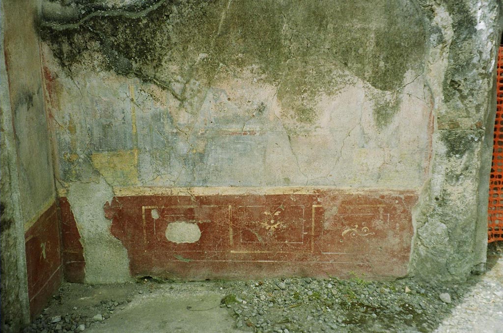 VI.2.4 Pompeii. June 2010. 
Painted plaster on west wall in south-west corner between the diaeta and the triclinium. Photo courtesy of Rick Bauer.