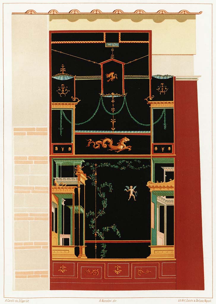 VI.2.4 Pompeii.1890 painting from Niccolini of west wall between the diaeta and the triclinium.
Secondo Niccolini: PITTURA MURALE. Riproduciamo in questa tavola una importante parete a fondo nero scavata al principio del secolo. 
Di questo grazioso dipinto non resta a Pompei vestigio alcuno e ci è dato di poterlo riprodurre solo perchè conserviamo nei nostri cartoni la copia originale fatta da valente artista dell' epoca.
According to Niccolini: WALL PAINTING. We reproduce in this table an important black-ground wall excavated at the start of the century. 
Of this graceful painting no vestige remains in Pompeii and we can reproduce it only because we preserve our cartons the original copy made by the valiant artist of that era.
See Niccolini F, 1890. Le case ed i monumenti di Pompei: Volume Terzo. Napoli, L’Arte in Pompei, p. XXXIV, pl. LIII.