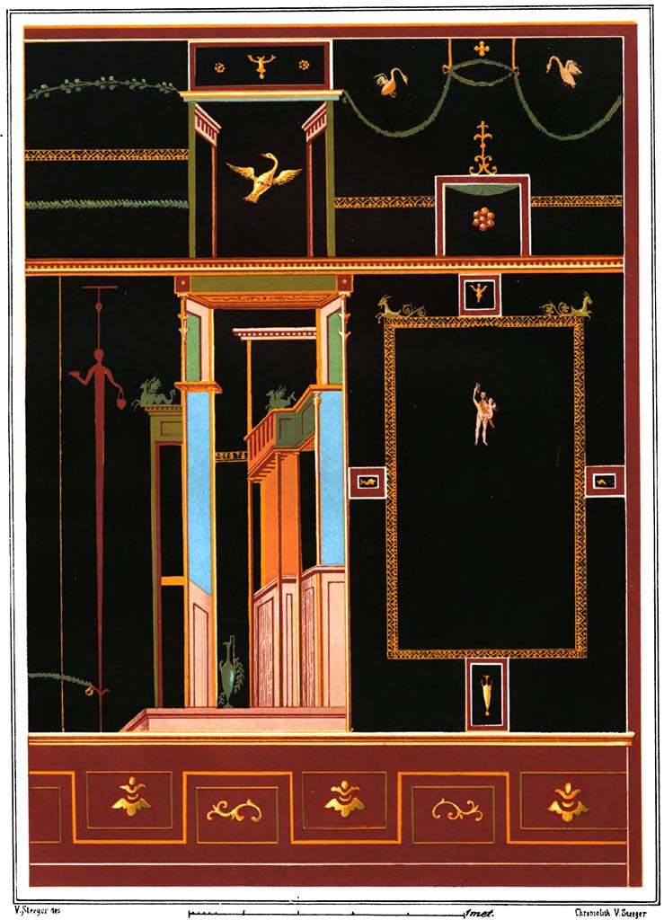 VI.2.4 Pompeii. c.1877. Black peristyle wall decoration.
According to Presuhn & Steeger reproducing a small piece situated to the left, in front of the small bedroom. 
See Steeger V., 1877. Le più belle pareti di Pompei. Torino: Loescher. Fasc. I, Tav. V.
Kuivalainen shows a drawing by Reinach (122, 12 (RP 1922), which looks very similar to the figures in the panel above, and which he describes as –
“A composition of two figures against a black background. A standing floating figure adorned with a pine wreath wears a cloak or a nebris over his right shoulder falling to his left hip; he holds a bunch of grapes in his raised right hand, and carries an infant in his left arm and cupped hand.
The infant with wings tries to reach the grapes.”
The drawing by Reinach is described as being from the north wall of the peristyle, next to the small garden in the south side of the house.
See Kuivalainen, I., 2021. The Portrayal of Pompeian Bacchus. Commentationes Humanarum Litterarum 140. Helsinki: Finnish Society of Sciences and Letters, (G1, p.189).