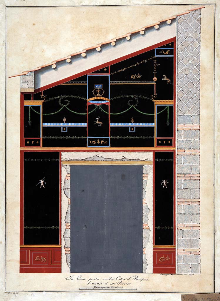 VI.2.4 Pompeii. 1805 painting by Giuseppe Chiantarelli of entrance to the cubiculum/diaeta in the south-west corner of the peristyle.
Now in Naples Archaeological Museum. Inventory number ADS1200.
Photo © ICCD. http://www.catalogo.beniculturali.it
Utilizzabili alle condizioni della licenza Attribuzione - Non commerciale - Condividi allo stesso modo 2.5 Italia (CC BY-NC-SA 2.5 IT)