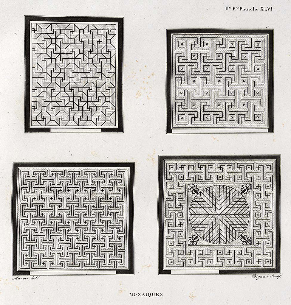 VI.2.4 Pompeii. c.1829. Drawing of mosaics by Mazois.
The mosaic on the top left, is possibly from Diaeta 33, (cubiculum in south-east corner of garden area), a black and white mosaic.
Pl. XLVI, - the mosaic on the top right, may be from Villa of Diomedes, no details of other lower two mosaics found yet.
See Mazois, F., 1824. Les Ruines de Pompei : Second Partie. Paris : Firmin Didot, (p.88, Pl. XLVI). 
According to Laidlaw –
“Only fragments of the pavement of Diaeta 33 survived the bombing in World War II. 
When the debris was cleared in 1971, large chunks of the black and white mosaic with a design of interlinked octagons and meanders were recovered in situ, and the entire pattern was then restored, the interstices being filled in on the basis of a pre-war photograph, Note 166 below.
Note 166: SAP Neg. No. C 990 (1917); PPM IV.1,134, fig.81, and see also Pernice 1938, 38 with pl.10, fig.6.
In 1971, the Mason used tesserae found scattered in the rubble, but when he ran out he got a couple of buckets from the nearby Casa della Fontana Piccola (VI.8.23), where repairs were being made. Consequently, the tesserae used in the restoration are a melange from the two houses.”
See Laidlaw, A., and Stella M. S., 2014. The House of Sallust in Pompeii (VI.2.4): JRA 98. Portsmouth Rhode Island. (p.110).