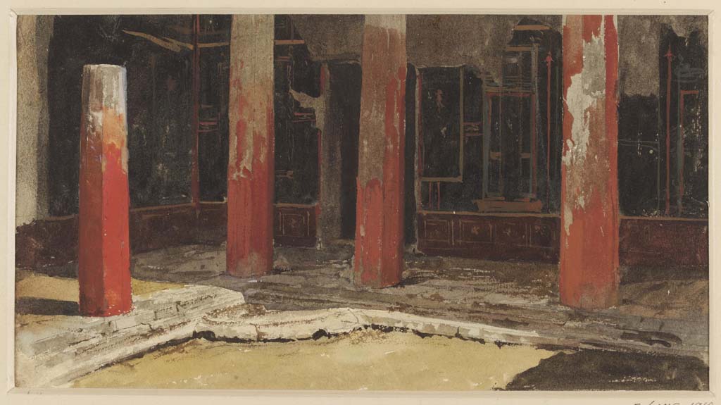 VI.2.4 Pompeii. Undated watercolour, by Luigi Bazzani, looking towards north-east corner of the peristyle of the women's apartments. 
Photo © Victoria and Albert Museum. Inventory number 2054-1900.