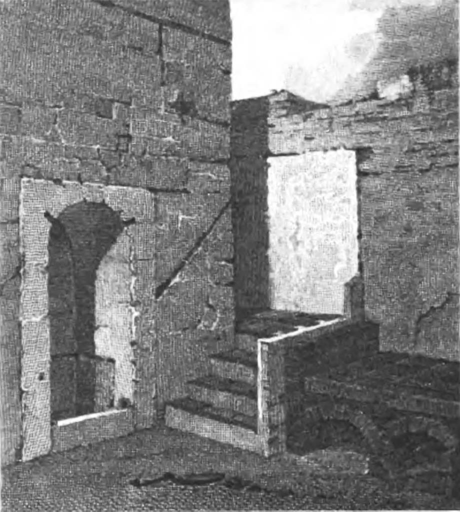 VI.2.4 Pompeii. 1852 drawing entitled Kitchen in the House of Actaeon.
See Gell, W. and Gandy, J., 1852. Pompeiana: Third Edition. London: Bohn, p. 107.
According to Gell,
“26 (on Gell’s plan). Kitchen, and privy for the women's apartments.
Of this a view is given as the foregoing head-piece on page 107. 
On the right of the way upstairs is the hearth for cooking, separated therefrom by wooden ballusters, which do not remain. 
On the other side is an arched recess, about three feet deep; a conveniency, according to modern, at least English ideas, most inconveniently situated.
The wood work of the seat is gone: the marks for the hinges, and fastening to the door, may be observed.
It would appear, that in ancient, as in modern ltaly and Greece, a proximity between the ultimate receptacle of the aliments and their place of preparation was considered desirable.”
See Gell, W. and Gandy, J., 1852. Pompeiana: Third Edition. London: Bohn, p. 123.