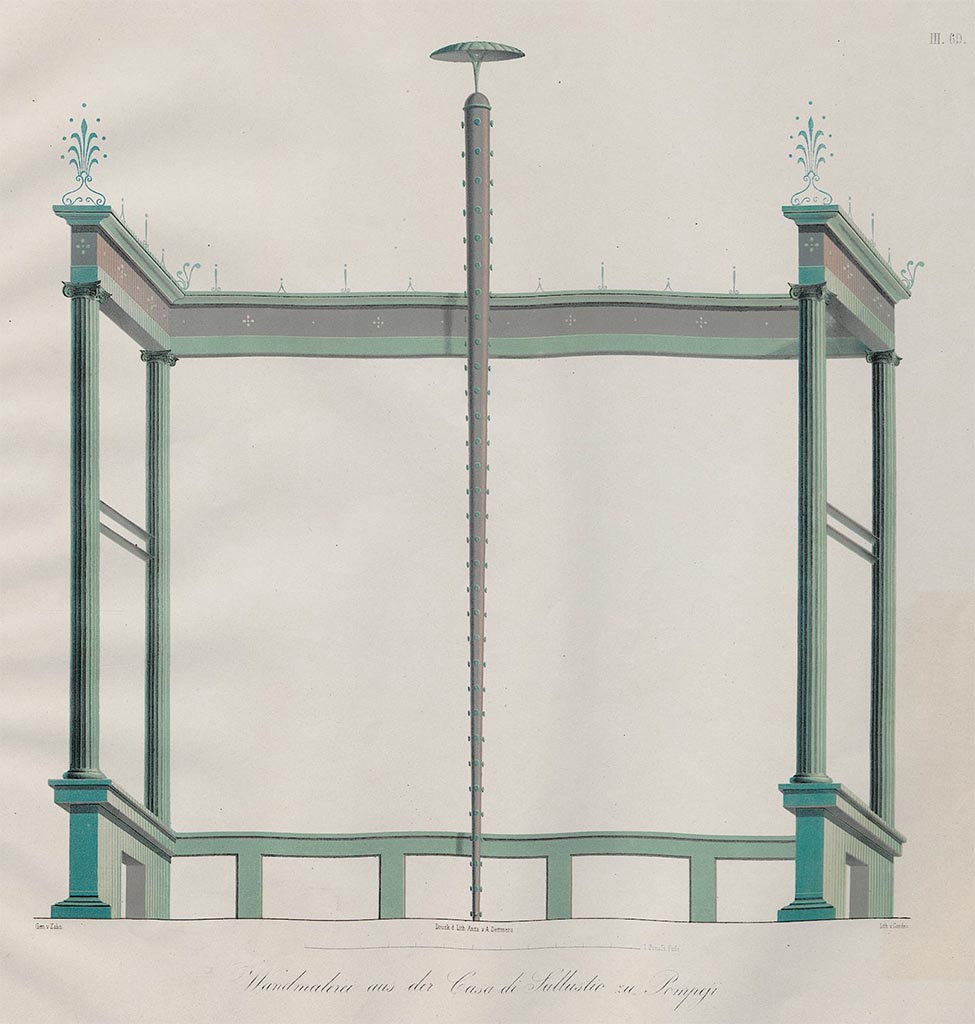 VI.2.4 Pompeii. c.1805-9. Room 28, detail from upper south wall by Zahn.
According to Zahn, this was to be found at the top of a wall of a small room on the right of the entrance.
See Zahn, W., 1852-59. Die schönsten Ornamente und merkwürdigsten Gemälde aus Pompeji, Herkulanum und Stabiae: III. Berlin: Reimer, Taf. 69.