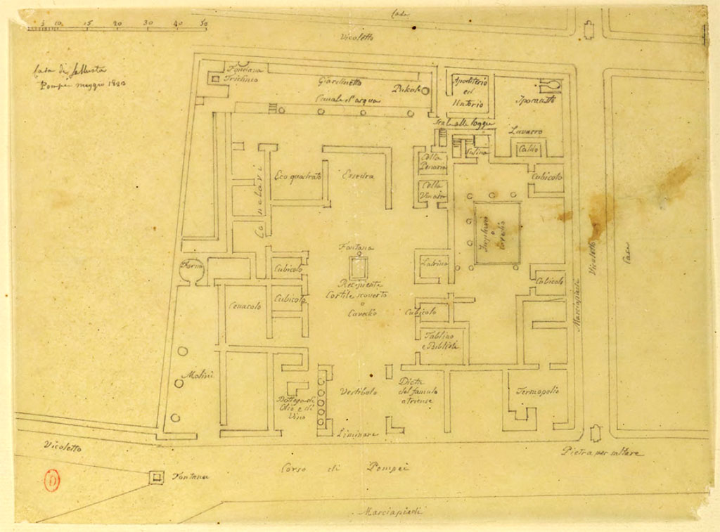 VI.2.4 Pompeii. May 1823. Drawing of plan of house by Chenavard.
See Chenavard, Antoine-Marie (1787-1883) et al. Voyage d'Italie, croquis Tome 3, pl. 142.
INHA Identifiant numérique : NUM MS 703 (3). See Book on INHA 
Document placé sous « Licence Ouverte / Open Licence » Etalab   
According to Anne Laidlaw (2021) –
“It is interesting that he puts the back exit in place of the latrine just beyond the south wall of the back garden. That’s where the exit was restored after the bombing in 1943, after I had excavated the latrine in front of the new exit. And he also shows a stair at the south end of the back portico, which we could never find any evidence for, and which my architect said couldn’t have reached the 2nd storey – not enough space for the space to go that high. But I suppose it might have started as steps and then shifted to a ladder. Chenavard drew this plan 12 years after the Bourbons completed emptying the whole house, and the 1840’s model is pretty complete, so some sort of stair may well have been there (but not shown in the model of 1840).”