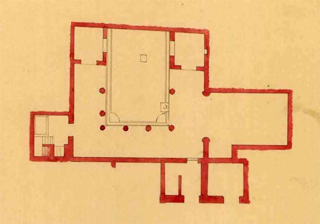 VI.2.4 Pompeii. Between 1823 and 1828, plan drawn by F. Duban, showing garden area.
The kitchen area is to the west, on the left, the large triclinium is to the west, on the right.
The two diaeta/cubicula and the painting of Diana and Actaeon would have been at the top, and the doorway from the house is in the north wall, on the lower side.
See Duban F. Album de dessins d'architecture effectués par Félix Duban pendant son pensionnat à la Villa Medicis, entre 1823 et 1828: Tome 2, Pompéi, pl. 35.
INHA Identifiant numérique NUM PC 40425 (2)
https://bibliotheque-numerique.inha.fr/idurl/1/7157  « Licence Ouverte / Open Licence » Etalab
