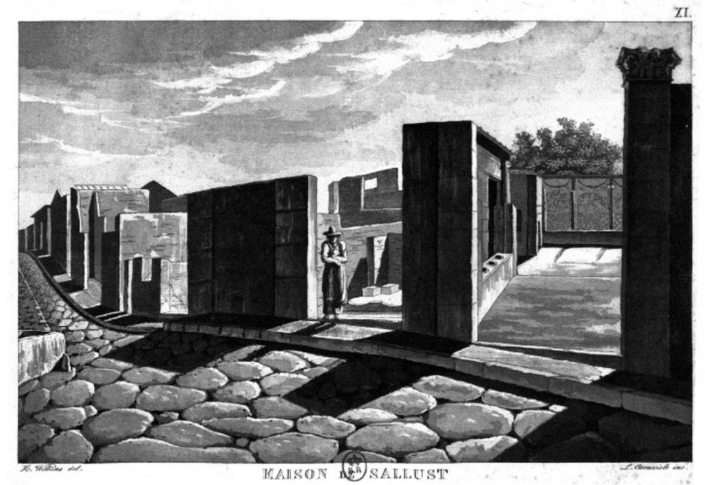 VI.2.4 Pompeii. c.1819. Looking towards entrance doorway, on right, with figured capital on south side (right).
See Wilkins H, 1819. Suite de Vues Pittoresques des Ruines de Pompei. Rome, pl. XI.