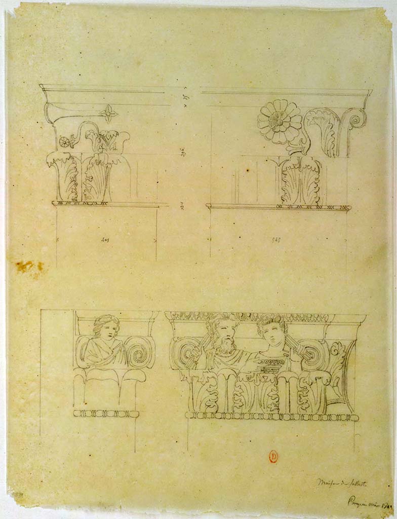 VI.2.4 Pompeii. May 1823. Sketches of capitals, at the top, they are from the atrium near the entrance to the north ala.
The lower sketches show details of the capital on the south side of the entrance doorway.
See Chenavard, Antoine-Marie (1787-1883) et al. Voyage d'Italie, croquis Tome 3, pl. 143.
INHA Identifiant numérique : NUM MS 703 (3). See Book on INHA 
Document placé sous « Licence Ouverte / Open Licence » Etalab   
According to Laidlaw et al –
“The sculptured capital to the right of this entrance must have been discovered during this time (c.1776) and will have become a standard reference point for the excavators; the report for 18th May 1780 mentions the location of a group of finds “near the pier that corresponds to the one where the capital remains” when they were cleaning the street in front of it. From this report it is obvious that at the time of the Bourbon excavation the sculptured capital to the left of the main doorway at VI.2.4 no longer existed, although we know from other preserved examples that entrances of houses with tufa facades decorated with sculptured capitals were done in pairs, often with a Bacchic theme.” 
See Laidlaw, A., and Stella M. S., 2014. The House of Sallust in Pompeii (VI.2.4): JRA 98. Portsmouth Rhode Island. (p.23).
