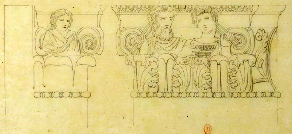 VI.2.4 Pompeii. May 1823. Enlargement of sketch by Chenavard of capital from south side of entrance doorway.
See Chenavard, Antoine-Marie (1787-1883) et al. Voyage d'Italie, croquis Tome 3, pl. 143 (detail).
INHA Identifiant numérique : NUM MS 703 (3). See Book on INHA 
Document placé sous « Licence Ouverte / Open Licence » Etalab
