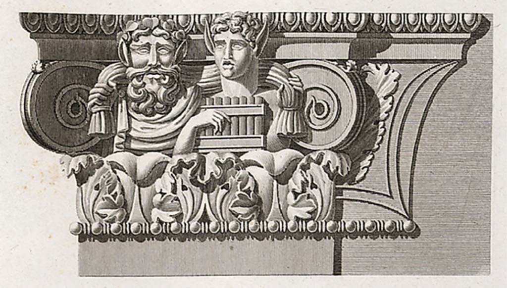 VI.2.4 Pompeii. Drawing c.1824 by Mazois of capital from south side of entrance doorway.
This differs slightly from the drawing of Chenavard in the angle of the pipes and the cloth that both are holding.
See Mazois, F., 1824. Les Ruines de Pompei : Second Partie. Paris: Firmin Didot, p.77, pl 36,2.