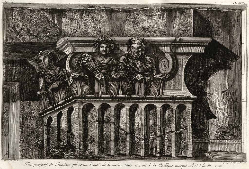 According to Piranesi, this shows a
“Plan perspectif du Chapiteau qui ornait l’entrée de la maison située vis-à-vis de la Basilique, marque No.13 a la Pl. XLIV.”
See Piranesi, F, 1804. Antiquités de la Grande Grèce : Tome II. Paris : Piranesi and Le Blanc, pl. LVII.
(Translating as –
“Perspective plan of the capital that adorned the entrance of the house located facing the Basilica, marked No.13 on the Pl. XLIV”)
No.13 on the plan (Pl. XLIV) would appear to be the House of Sallust/Acteon, which according to Mazois and Chenavard had different capitals. 
This differs from both Chenavard and Mazois in that the front bearded figure, who has no pipes, and his companion, who is holding a cornucopia, are reversed.