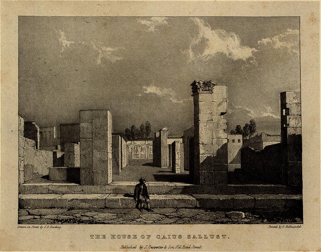 VI.2.4 Pompeii. c.1828. Looking towards entrance doorway on Via Consolare.  Drawing by William Light.
See Harding, J., 1828. Views of Pompeii after drawings by William Light. London: Carpenter, (No. IX).