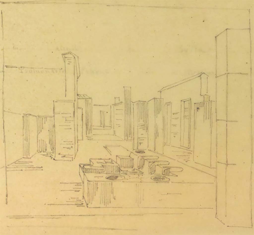 VI.2.5 Pompeii. May 1823 drawing by Chenavard. Looking east towards entrance to bar, and atrium of VI.2.4 at the rear of the bar.
See Chenavard, Antoine-Marie (1787-1883) et al. Voyage d'Italie, croquis Tome 3, pl. 145.
INHA Identifiant numérique : NUM MS 703 (3). See Book on INHA 
Document placé sous « Licence Ouverte / Open Licence » Etalab