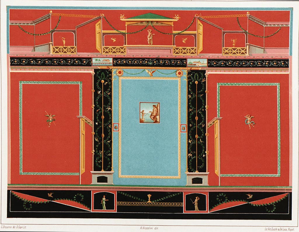 VI.2.14 Pompeii. Painting by Discanno of wall.
According to Niccolini -
“Tav. XV.
Pittura murale – In una nota posta al principio di questo capitolo abbiamo detto che avremmo qui pubblicate moltissime importanti pitture murale di Pompei, che non hanno trovato posto in altre parti dell’opera.
Gran parte di queste pareti sono completamente distrutte, altre danneggiate in modi da mostrare solo gl’incerti contorni.
Noi soli, però avendo la fortuna di possederne i disegni, fatti sin dal tempo del loro scoprimento, possiamo darne la riproduzione.
La parete che qui pubblichiamo era appunto una di quelle distrutte. Era pregevole per la finezza e semplicità del lavoro. Il quadro di mezzo rappresenta Venere pescatrice, soggetto caro a’ pompeiani, perché trovasi spesse volte ripetuto nei loro dipinti.”
See Niccolini, F., 1890. Le Case ed i Monumenti di Pompei. Book 3, L’arte in Pompei, tav. XV.
(Tav. XV.
Wall painting – In a note placed at the beginning of this chapter we said that we would publish here many important wall paintings from Pompeii, which have not found a place in other parts of the work.
Most of these walls are completely destroyed, others damaged in ways that only reveal the uncertain outlines. 
We alone, however, having the good fortune to possess the drawings, made since the time of their discovery, can give them a reproduction.
The wall that we publish here was one of those destroyed. It was remarkable for the finesse and simplicity of the work. 
The middle painting depicts Venus fishing, a subject dear to the Pompeians, because it is often repeated in their paintings.)
(Note - this wall is very similar to the walls in the triclinium, but no wall has a central painting of “Venus fishing”. 
The west wall of triclinium has the remains of wall painting of sitting man, cupid and abandoned Ariadne.
The north wall of the triclinium has the remains of a wall painting showing a male figure, column, small cupid and Aphrodite.  
The east wall of the triclinium has a very faded central painting of a contest between the light divinities, Aphrodite and Hesperus, in front of a cupid.
In the oecus, the north and west wall have doorways, so no wall for a central painting.
The east and south wall would have had the space for a central panel, but according to Breton, had paintings of “Bacchus sitting on a barrel” and “Silenus with a donkey”.)