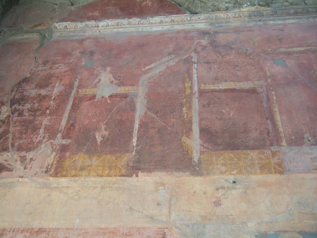 VI.2.14 Pompeii. September 2005. Triclinium painted upper west wall, south end of blue central panel.