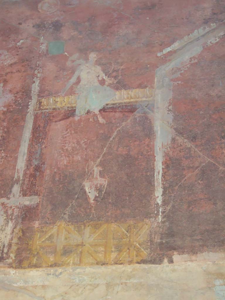VI.2.14 Pompeii. September 2005. Triclinium, detail from painted upper west wall, south end.
