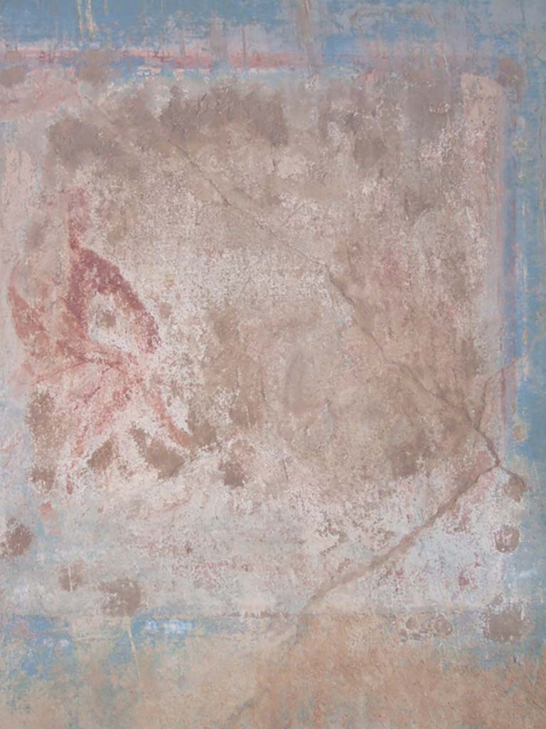 VI.2.14 Pompeii. September 2005. 
West wall of triclinium with remains of wall painting of sitting man, cupid and abandoned Ariadne.
See Helbig, W., 1868. Wandgemälde der vom Vesuv verschütteten Städte Campaniens. Leipzig: Breitkopf und Härtel. (p.258, no.1232)
According to Schefold found on the west wall of triclinium was the remains of a wall painting of Heros (demigod), Eros and Nymphe.
See Schefold, K., 1962. Vergessenes Pompeji. Bern: Francke. (T. 168, 1).
According to PAH 1, 3, 52-54, 16th March 1811, the paintings in the middle of the walls were in a bad state when excavated.
Because of this, one could not know what they represented.
See Pagano, M. and Prisciandaro, R., 2006. Studio sulle provenienze degli oggetti rinvenuti negli scavi borbonici del regno di Napoli. Naples: Nicola Longobardi. (p.101)