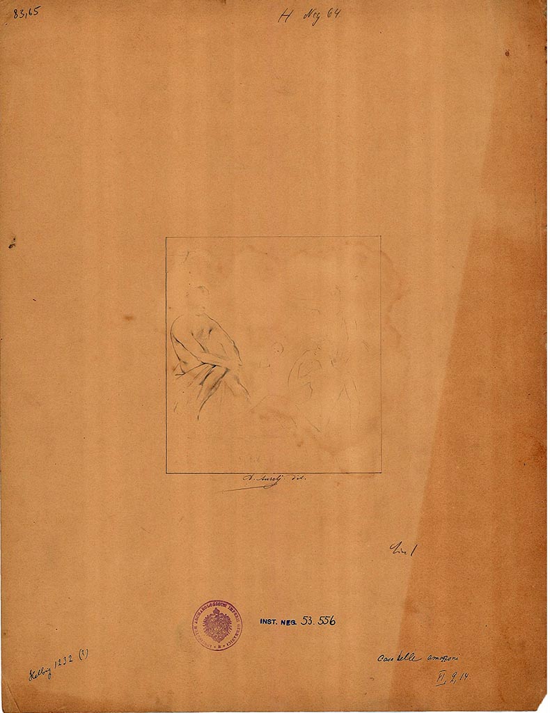 VI.2.14 Pompeii. West wall of triclinium, in centre. Drawing by A. Aurelj of sitting man, cupid and abandoned Ariadne.
See Helbig, W., 1868. Wandgemälde der vom Vesuv verschütteten Städte Campaniens. Leipzig: Breitkopf und Härtel. (p.258, no.1232)
According to Schefold found on the west wall of triclinium was the remains of a wall painting of Heros (demigod), Eros and Nymphe.
See Schefold, K., 1962. Vergessenes Pompeji. Bern: Francke. (T. 168, 1).
DAIR 83.65. Photo © Deutsches Archäologisches Institut, Abteilung Rom, Arkiv.