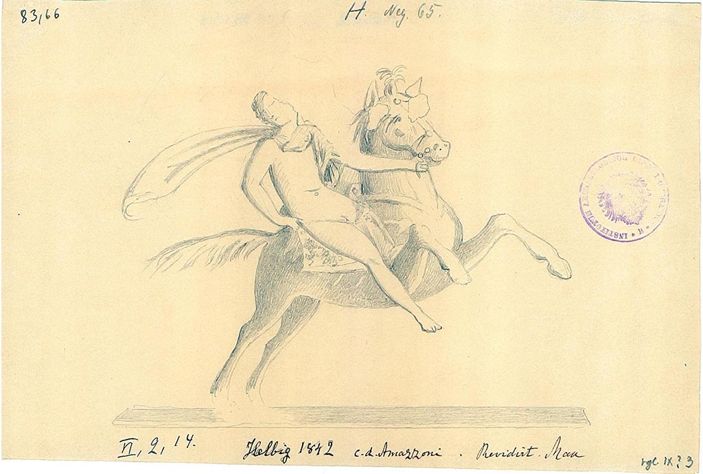 VI.2.14 Pompeii. Drawing of painted figure on horseback from north wall of triclinium, at west end.
DAIR 83.66. Photo © Deutsches Archäologisches Institut, Abteilung Rom, Arkiv. 
See Helbig, W., 1868. Wandgemälde der vom Vesuv verschütteten Städte Campaniens. Leipzig: Breitkopf und Härtel, 1842.
See Gell, W, and Gandy J. P., 1819. Pompeiana. London: Rodwell and Martin, pl. 26.