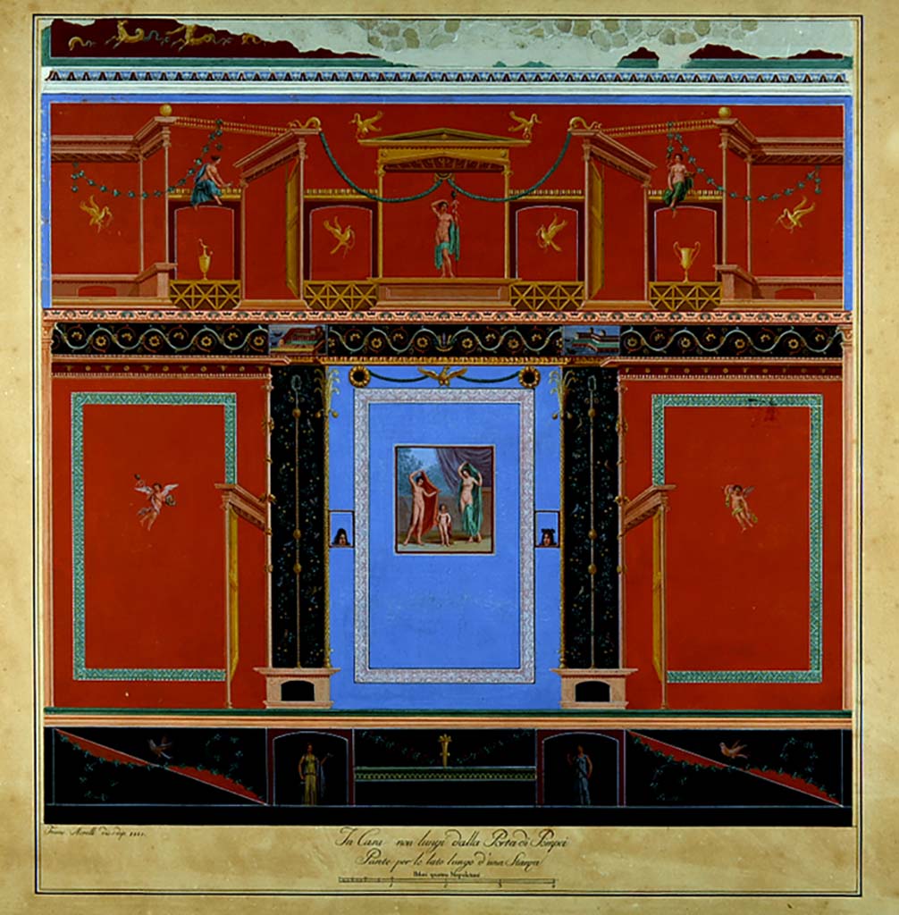 VI.2.14 Pompeii. 1812 watercolour by F. Morelli painted a year after the discovery of the house.
This shows the rich decoration of the east wall of the triclinium. 
The upper part is an architectural framework in which are birds with bandages in their beaks and female figures.
The central area is composed of three panels of which the two lateral framed red ones bear a winged Cupid,
The central panel is a painting of a contest between the light divinities, Aphrodite and Hesperus, in front of a cupid.
In the black zoccolo are two female figures making offerings and garlands.
Now in Naples Archaeological Museum. Inventory number ADS 129.
See Carratelli, G. P., 1990-2003. Pompei: Pitture e Mosaici. Vol. IV. Roma: Istituto della enciclopedia italiana, p. 180.