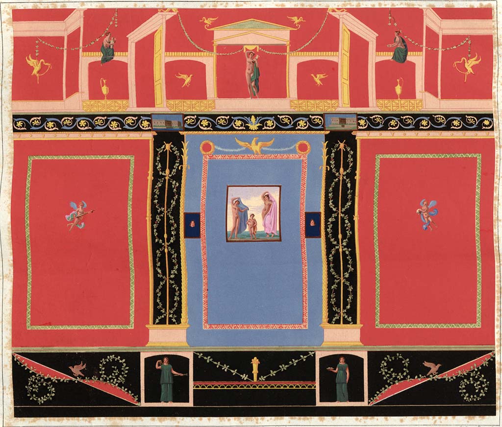 VI.2.14 Pompeii. Pre-1828. Painting by Zahn, described as a “Wall of the Casa della Danzatrice in Pompeji”.
See Zahn, W., 1828. Die schönsten Ornamente und merkwürdigsten Gemälde aus Pompeji, Herkulanum und Stabiae: I. Berlin: Reimer. No.69.
According to Schefold, this was from the east wall of the triclinium in VI.2.14. 
See Schefold, K., 1957. Die Wände Pompejis. Berlin: De Gruyter, p. 94. 
According to Kuivalainen – 
in the upper centre of this painting with the red background, is “an almost naked young Bacchus with a thyrsus”.
"A youth standing with his weight on his right foot, on a red background, head slightly turned to the left. 
His right arm is raised to the top of his head, and in his raised left arm he holds a thyrsus with a bunch of leaves upwards. 
A large green cloak covers his left shoulder and reaches to his calves".
See Kuivalainen, I., 2021. The Portrayal of Pompeian Bacchus. Commentationes Humanarum Litterarum 140. Helsinki: Finnish Society of Sciences and Letters, (p.99, B9).