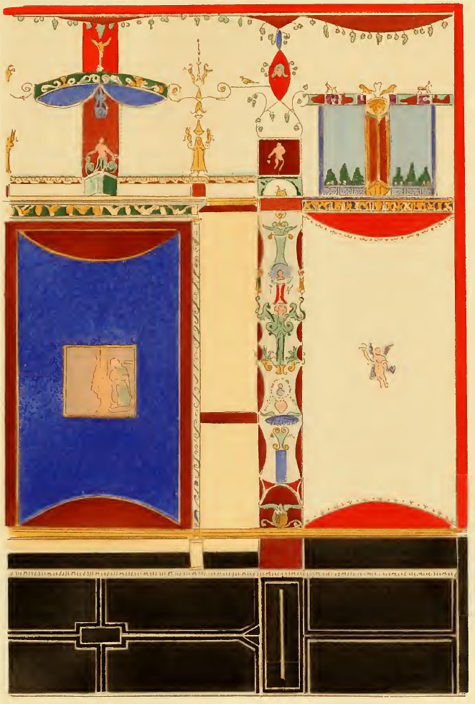 VI.2.16, Pompeii.  Pre 1924. Painting by Pierre Gusman, showing detail of the north wall of the tablinum.
This was a reproduction of an engraving by Mazois.
(described as -
XVII. Panneau extrait de la série exécutée par l'architecte français Mazois, au début du xix- siècle. Spécimen unique d'un panneau bleu foncé. Début du quatrième style.)
See Gusman P., 1924. La Décoration Murale de Pompei. Paris : Morancé, pl. XVII.