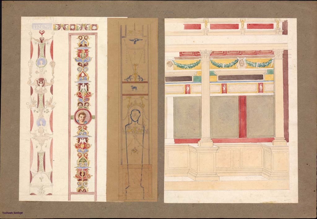 VI.2.16, Pompeii, candelabra on left, detail from tablinum. Painting by Vilhelm Dahlerup (1836-1907). 
Photo © Danmarks Kunstbibliotek, inv. no. ark_19789h.