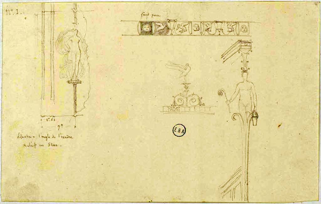 VI.2.16 and 22, Pompeii. 
The frieze drawn on the upper right would appear to be the one drawn/painted in the above paintings of the north wall of the tablinum in VI.2.16.
The drawing by Mazois would appear to be closest to this drawing - that is showing a face, a bird, a cup, a bird, a face, repeated, etc.
On the painting above, by Vilhelm Dahlerup, the part in question would appear to be shown above the second candelabra, on the left.
Perhaps, but not proved, both candelabra came from the tablinum/atrium of this house.
We have not yet seen a possible location for the two figures, the one on the left states “Pilaster in corner of exedra, Relief in stucco.”  
Undated drawings by Lesueur, the Ibis, in the middle of the page, would appear to be from the west wall of the triclinium of VI.2.22. 
See Lesueur, Jean-Baptiste Ciceron. Voyage en Italie de Jean-Baptiste Ciceron Lesueur (1794-1883), pl. 83.
See Book on INHA reference INHA NUM PC 15469 (04)  « Licence Ouverte / Open Licence » Etalab