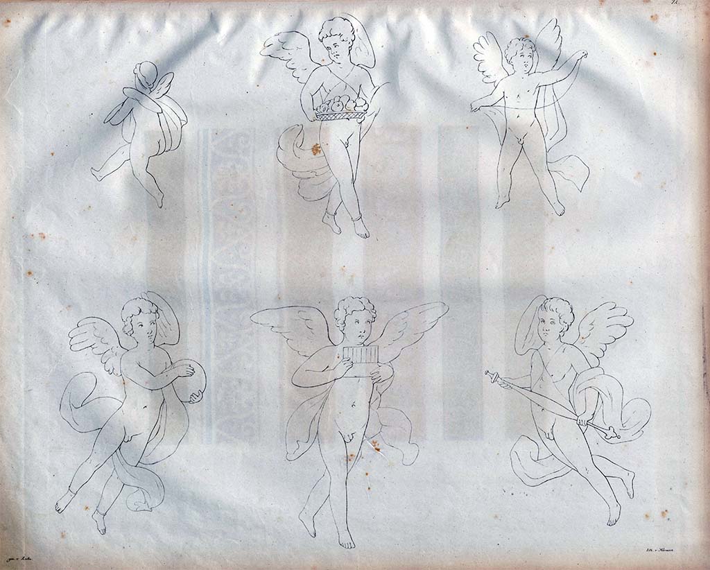VI.2.16 Pompeii. 1828. Exedra/oecus on north side of peristyle. Vignettes of Cupids, as drawn by Zahn.
See Zahn, W., 1828. Die schönsten Ornamente und merkwürdigsten Gemälde aus Pompeji, Herkulanum und Stabiae: I. Berlin: Reimer, taf. 74 Amb. 5.