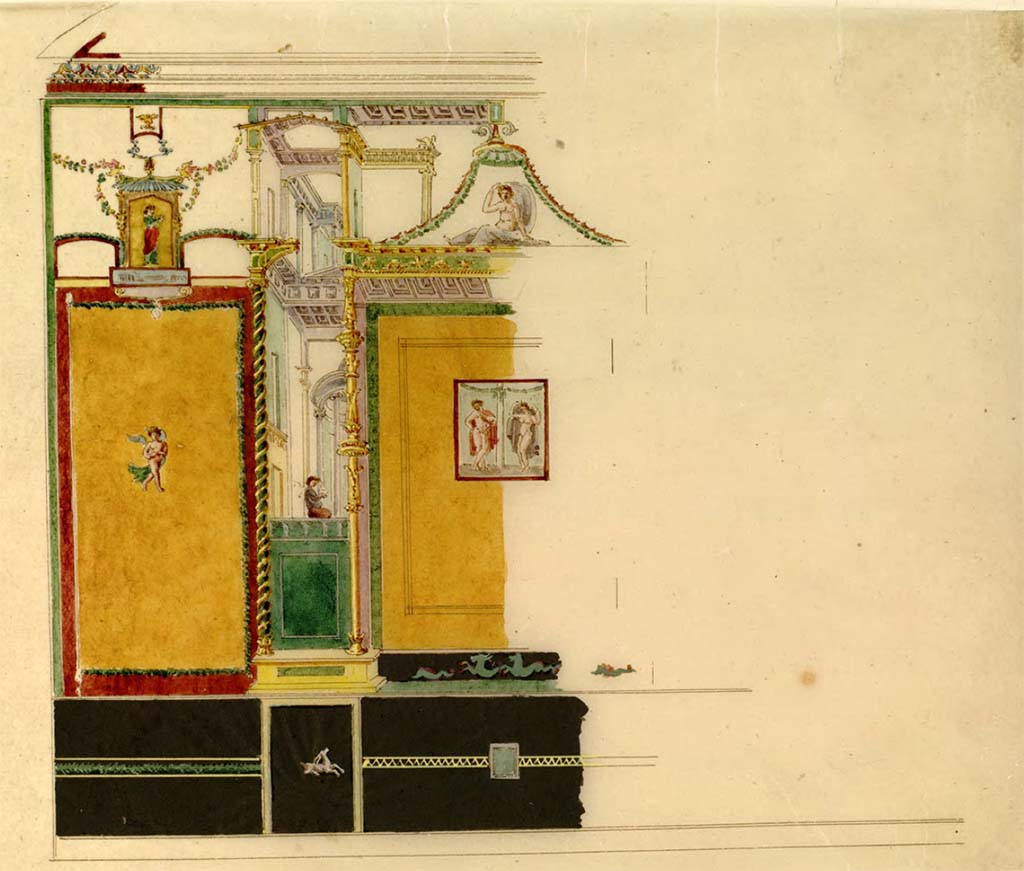VI.2.16 Pompeii. Undated painting of a wall, by Chenavard. This may be the north wall of the exedra/oecus on north side of peristyle.
See Chenavard, Antoine-Marie (1787-1883) et al. Voyage d'Italie, croquis Tome 3, pl. 117.
INHA Identifiant numérique : NUM MS 703 (3). See Book on INHA 
Document placé sous « Licence Ouverte / Open Licence » Etalab
